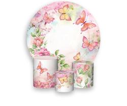Painel De Festa Redondo 1,50x1,50 + Trio De Capas Cilindro - Borboletas Rosa Aquarela 002 Painel De Festa Redondo 1,50x1,50 + Trio De Capas Cilindro - Borboletas Rosa Aquarela 002