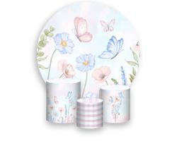 Painel De Festa Redondo 1,50x1,50 + Trio De Capas Cilindro - Borboletas Rosa com Azul Aquarela 032 Painel De Festa Redondo 1,50x1,50 + Trio De Capas Cilindro - Borboletas Rosa com Azul Aquarela 032
