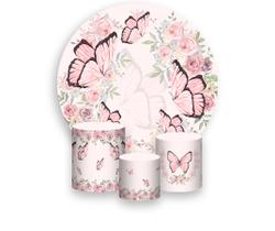 Painel De Festa Redondo 1,50x1,50 + Trio De Capas Cilindro - Borboletas Rose 014 Painel De Festa Redondo 1,50x1,50 + Trio De Capas Cilindro - Borboletas Rose 014