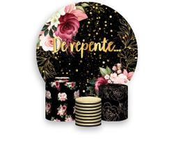 Painel De Festa Redondo 1,50x1,50 + Trio De Capas Cilindro - Brilhos De repente Dourado Floral 150