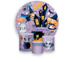 Painel De Festa Redondo 1,50x1,50 + Trio De Capas Cilindro - Bruxinha Cute Lilás 011 Painel De Festa Redondo 1,50x1,50 + Trio De Capas Cilindro - Bruxinha Cute Lilás 011