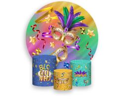 Painel De Festa Redondo 1,50x1,50 + Trio De Capas Cilindro - Carnaval Máscaras Efeito Glitter 018 Painel De Festa Redondo 1,50x1,50 + Trio De Capas Cilindro - Carnaval Máscaras Efeito Glitter 018
