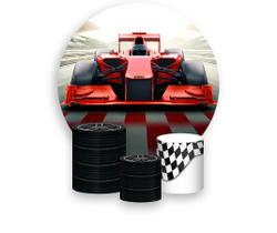 Painel De Festa Redondo 1,50x1,50 + Trio De Capas Cilindro - Carro De Corrida Vermelho 011