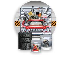 Painel De Festa Redondo 1,50x1,50 + Trio De Capas Cilindro - Carro Oficina Mecanica 016