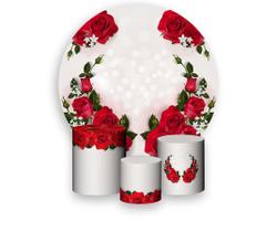 Painel De Festa Redondo 1,50x1,50 + Trio De Capas Cilindro - Casamento Bodas Rosas Vermelhas 003