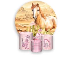 Painel De Festa Redondo 1,50x1,50 + Trio De Capas Cilindro - Cavalo Boiadeira 029 Painel De Festa Redondo 1,50x1,50 + Trio De Capas Cilindro - Cavalo Boiadeira 029