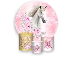 Painel De Festa Redondo 1,50x1,50 + Trio De Capas Cilindro - Cavalo Branco Boiadeira com Flores 039