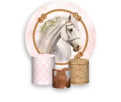 Painel De Festa Redondo 1,50x1,50 + Trio De Capas Cilindro - Cavalo Branco Com Rosa 027