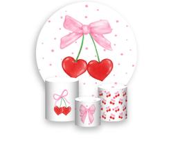 Painel De Festa Redondo 1,50x1,50 + Trio De Capas Cilindro - Cereja Coração e Laço 073 Painel De Festa Redondo 1,50x1,50 + Trio De Capas Cilindro - Cereja Coração e Laço 073