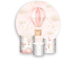 Painel De Festa Redondo 1,50x1,50 + Trio De Capas Cilindro - Céu Balão Cute Rosa 005