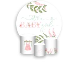 Painel De Festa Redondo 1,50x1,50 + Trio De Capas Cilindro - Chá de Bebê It's a Girl Rosa 063 Painel De Festa Redondo 1,50x1,50 + Trio De Capas Cilindro - Chá de Bebê It's a Girl Rosa 063