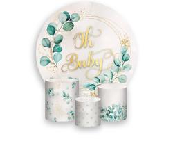Painel De Festa Redondo 1,50x1,50 + Trio De Capas Cilindro - Chá de Bebê Oh Baby Folhagens 038 Painel De Festa Redondo 1,50x1,50 + Trio De Capas Cilindro - Chá de Bebê Oh Baby Folhagens 038