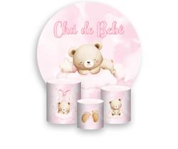 Painel De Festa Redondo 1,50x1,50 + Trio De Capas Cilindro - Chá de Bebê Ursinha Rosa e Bege 067