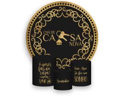 Painel De Festa Redondo 1,50x1,50 + Trio De Capas Cilindro - Chá de Casa Nova Dourado 011
