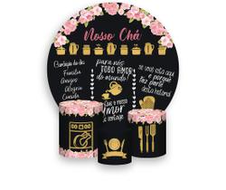 Painel De Festa Redondo 1,50x1,50 + Trio De Capas Cilindro - Chá de Cozinha Chalkboard Dourado 005 Painel De Festa Redondo 1,50x1,50 + Trio De Capas Cilindro - Chá de Cozinha Chalkboard Dourado 005