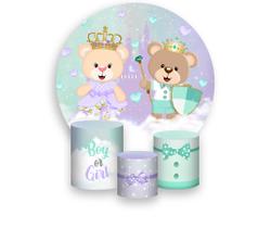 Painel De Festa Redondo 1,50x1,50 + Trio De Capas Cilindro -Chá Revelação Ursinhos Castelo Verde e Lilás 026 Painel De Festa Redondo 1,50x1,50 + Trio De Capas Cilindro -Chá Revelação Ursinhos Castelo Verde e Lilás 026