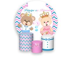 Painel De Festa Redondo 1,50x1,50 + Trio De Capas Cilindro - Chá Revelação Ursinhos Realeza 007