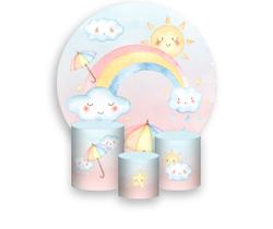 Painel De Festa Redondo 1,50x1,50 + Trio De Capas Cilindro - Chuva de Amor Cute 016 Painel De Festa Redondo 1,50x1,50 + Trio De Capas Cilindro - Chuva de Amor Cute 016