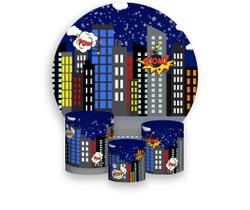 Painel De Festa Redondo 1,50x1,50 + Trio De Capas Cilindro - Cidade Herois de Noite 001 Painel De Festa Redondo 1,50x1,50 + Trio De Capas Cilindro - Cidade Herois de Noite 001