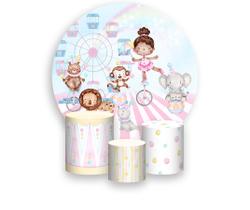 Painel De Festa Redondo 1,50x1,50 + Trio De Capas Cilindro - Circo Rosa Bailarina 026