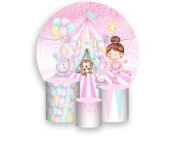 Painel De Festa Redondo 1,50x1,50 + Trio De Capas Cilindro - Circo Rosa Estrela e Balões 014