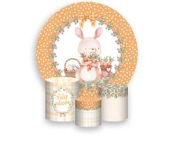 Painel De Festa Redondo 1,50x1,50 + Trio De Capas Cilindro - Coelho de Páscoa Laranja 016