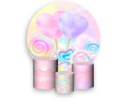 Painel De Festa Redondo 1,50x1,50 + Trio De Capas Cilindro - Confeitaria Doces Candy 012 Painel De Festa Redondo 1,50x1,50 + Trio De Capas Cilindro - Confeitaria Doces Candy 012