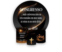 Painel De Festa Redondo 1,50x1,50 + Trio De Capas Cilindro - Congresso Cristão Preto e Dourado 057 Painel De Festa Redondo 1,50x1,50 + Trio De Capas Cilindro - Congresso Cristão Preto e Dourado 057