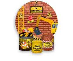 Painel De Festa Redondo 1,50x1,50 + Trio De Capas Cilindro - Construção Trator Parede Tijolos 001 Painel De Festa Redondo 1,50x1,50 + Trio De Capas Cilindro - Construção Trator Parede Tijolos 001