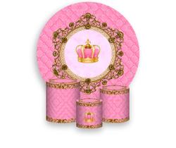 Painel De Festa Redondo 1,50x1,50 + Trio De Capas Cilindro - Coroa Realeza Rosa 004