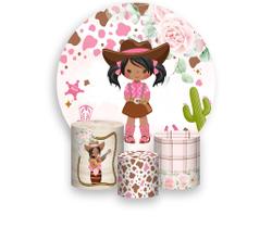 Painel De Festa Redondo 1,50x1,50 + Trio De Capas Cilindro - Country Boiadeira Rosa 021