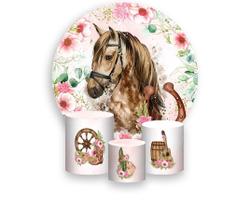 Painel De Festa Redondo 1,50x1,50 + Trio De Capas Cilindro - Country Cavalo Boiadeira Flores 016