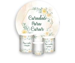 Painel De Festa Redondo 1,50x1,50 + Trio De Capas Cilindro - Curadas para Curar Bege Floral 033