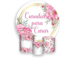 Painel De Festa Redondo 1,50x1,50 + Trio De Capas Cilindro - Curadas para Curar Floral Rosa 032 Painel De Festa Redondo 1,50x1,50 + Trio De Capas Cilindro - Curadas para Curar Floral Rosa 032