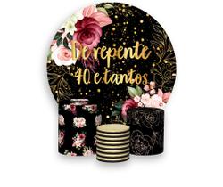 Painel De Festa Redondo 1,50x1,50 + Trio De Capas Cilindro - De Repente 40 e Tantos Dourado Floral 135