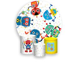 Painel De Festa Redondo 1,50x1,50 + Trio De Capas Cilindro - Desenho Robôs Cute e Bolinhas 010