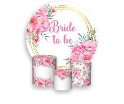 Painel De Festa Redondo 1,50x1,50 + Trio De Capas Cilindro - Despedida de Solteira Bride To Be Floral Rosa 009