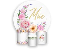 Painel De Festa Redondo 1,50x1,50 + Trio De Capas Cilindro - Dia das Mães Floral Em Lua 070