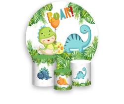 Painel De Festa Redondo 1,50x1,50 + Trio De Capas Cilindro - Dinossauro Cute Folhagens 013 Painel De Festa Redondo 1,50x1,50 + Trio De Capas Cilindro - Dinossauro Cute Folhagens 013