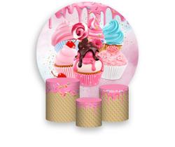 Painel De Festa Redondo 1,50x1,50 + Trio De Capas Cilindro - Doces Cupcakes 001 Painel De Festa Redondo 1,50x1,50 + Trio De Capas Cilindro - Doces Cupcakes 001