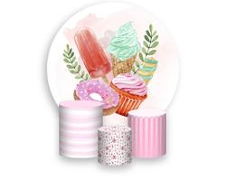 Painel De Festa Redondo 1,50x1,50 + Trio De Capas Cilindro - Doces Docinhos Aquarela 008 Painel De Festa Redondo 1,50x1,50 + Trio De Capas Cilindro - Doces Docinhos Aquarela 008