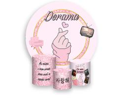 Painel De Festa Redondo 1,50x1,50 + Trio De Capas Cilindro - Dorama Rosa com Dourado 006