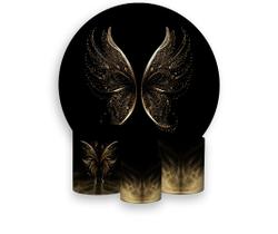 Painel De Festa Redondo 1,50x1,50 + Trio De Capas Cilindro - Efeito Glitter Asas Douradas 073