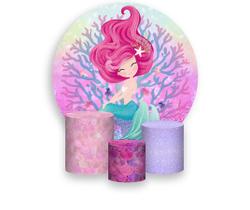 Painel De Festa Redondo 1,50x1,50 + Trio De Capas Cilindro - Efeito Glitter Sereia Corais 004