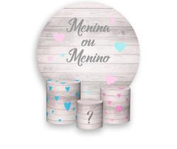 Painel De Festa Redondo 1,50x1,50 + Trio De Capas Cilindro - Efeito Madeira Chá de Revelação Corações Menina ou Menino 001