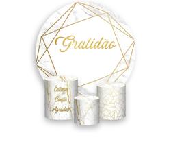 Painel De Festa Redondo 1,50x1,50 + Trio De Capas Cilindro - Efeito Mármore Branco Gratidão 033 Painel De Festa Redondo 1,50x1,50 + Trio De Capas Cilindro - Efeito Mármore Branco Gratidão 033