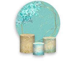 Painel De Festa Redondo 1,50x1,50 + Trio De Capas Cilindro - Efeito Mármore Com Flores 007 Painel De Festa Redondo 1,50x1,50 + Trio De Capas Cilindro - Efeito Mármore Com Flores 007