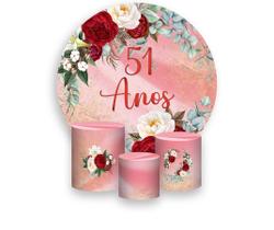 Painel De Festa Redondo 1,50x1,50 + Trio De Capas Cilindro - Efeito Mármore Floral 51 Anos 248 Painel De Festa Redondo 1,50x1,50 + Trio De Capas Cilindro - Efeito Mármore Floral 51 Anos 248