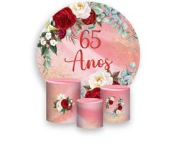 Painel De Festa Redondo 1,50x1,50 + Trio De Capas Cilindro - Efeito Mármore Floral 65 Anos 234 Painel De Festa Redondo 1,50x1,50 + Trio De Capas Cilindro - Efeito Mármore Floral 65 Anos 234