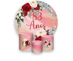 Painel De Festa Redondo 1,50x1,50 + Trio De Capas Cilindro - Efeito Mármore Floral 83 Anos 216